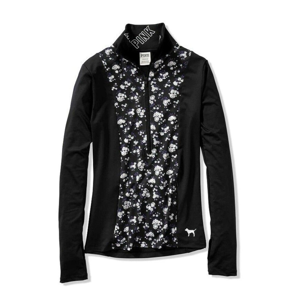 Victoria Secret PINK Half Zip Workout Gym Track Jacket Black Floral Logo Size M